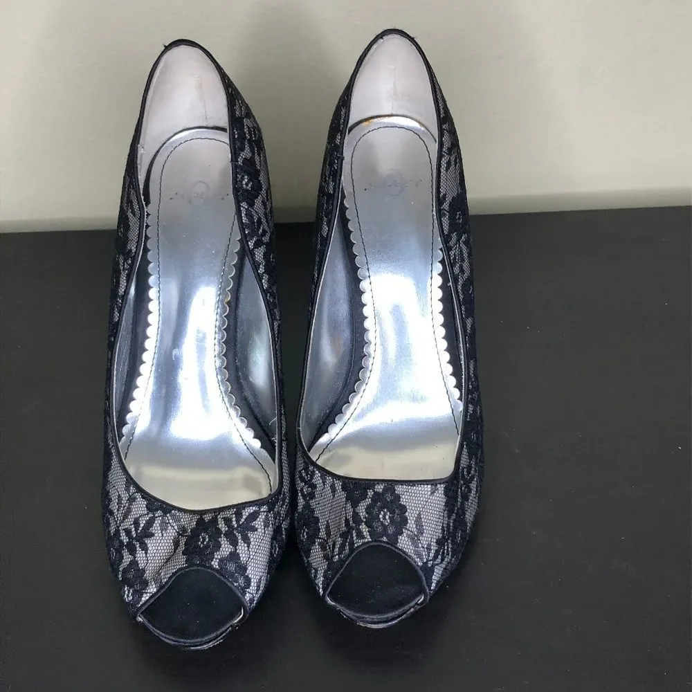 Joey Shoes Black Lace 4 1/2" Peep Toe Heels 10M - Picture 2 of 4